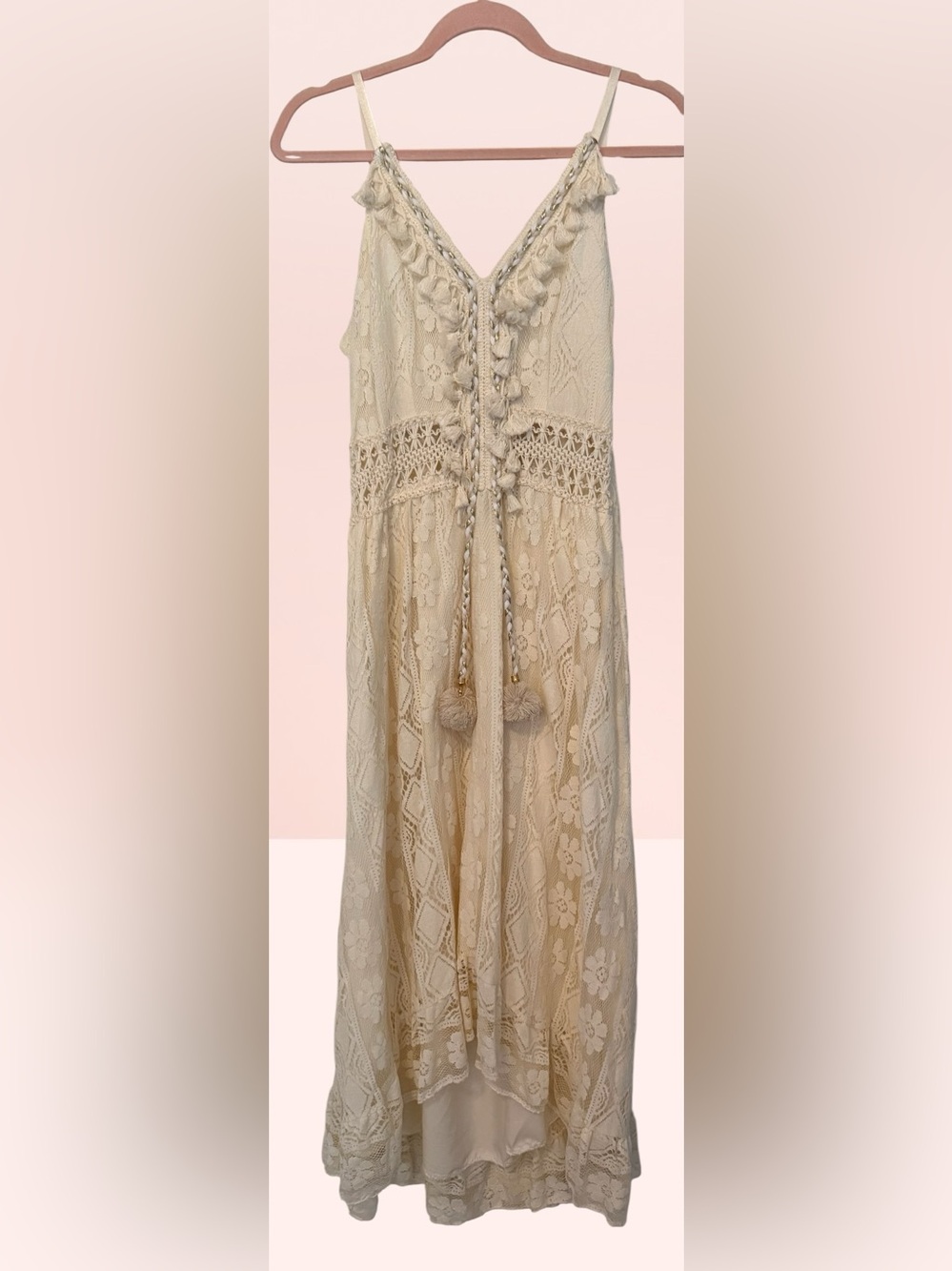Ivory Lace Midi Dress with Tassel Tie